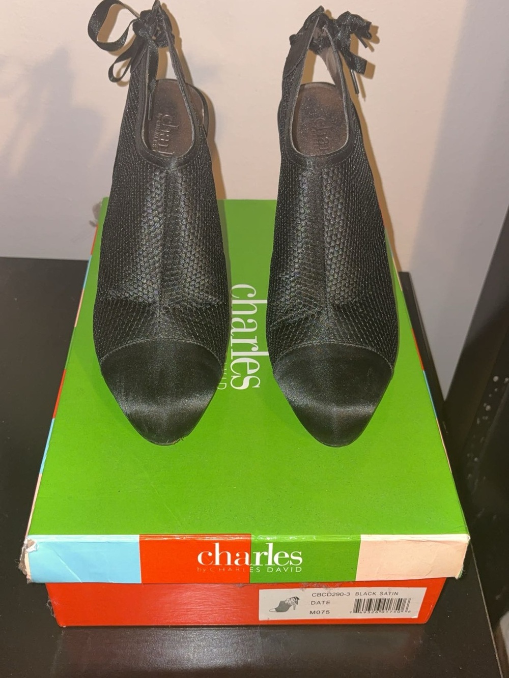 Charles by Charles David Black Satin Peep-Toe Ankle Tie Heels
